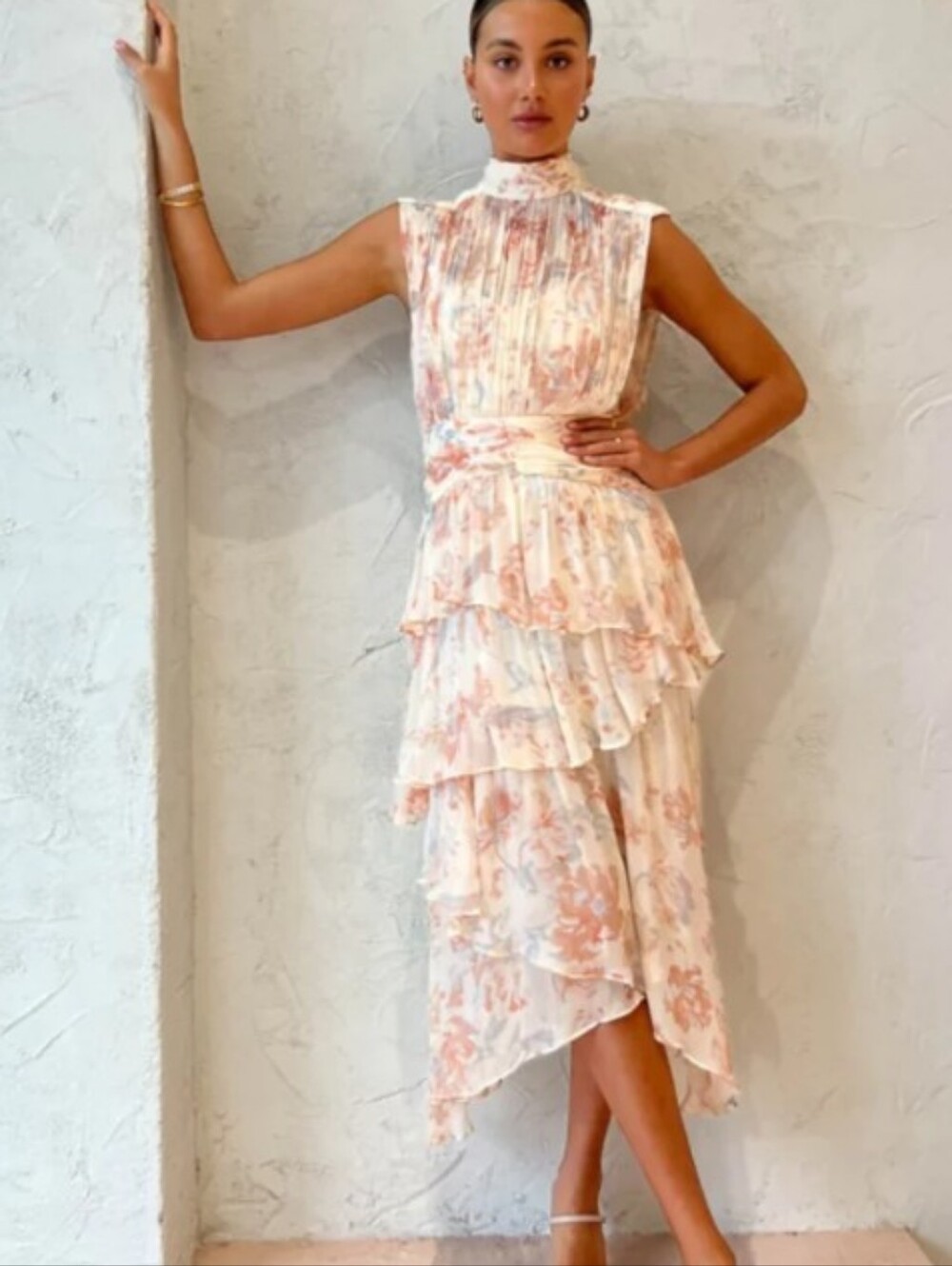 Shona Joy Cream Floral High-Neck Ruffle Midi Dress